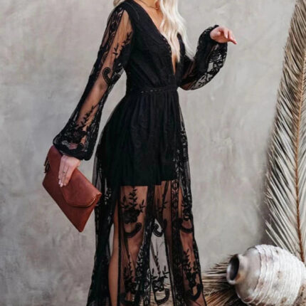 Longue robe noire style bohème chic élégante pour femme-0
