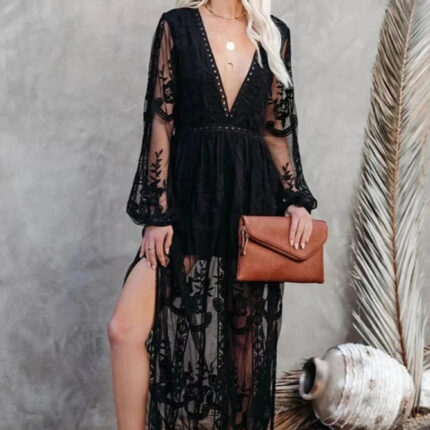Longue robe noire style bohème chic élégante pour femme