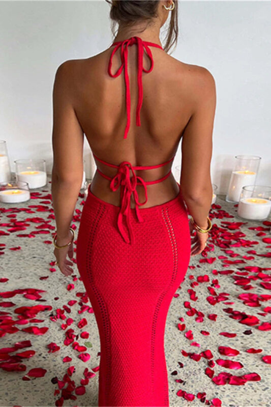 Robe d'été Femme Rouge Style Crochet Tendance Idéale Plage et Soirée-0