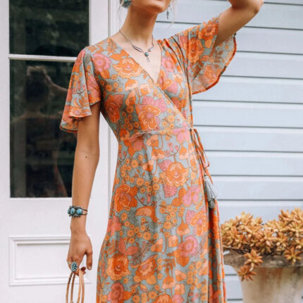 Robe Été Femme Fluide Imprimé Floral Orange Vêtement Féminin Tendance et Élégant-0