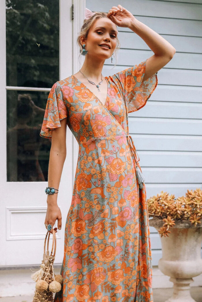 Robe Été Femme Fluide Imprimé Floral Orange Vêtement Féminin Tendance et Élégant-0
