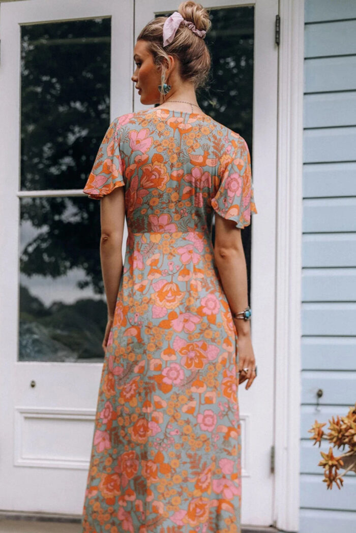 Robe Été Femme Fluide Imprimé Floral Orange Vêtement Féminin Tendance et Élégant-00