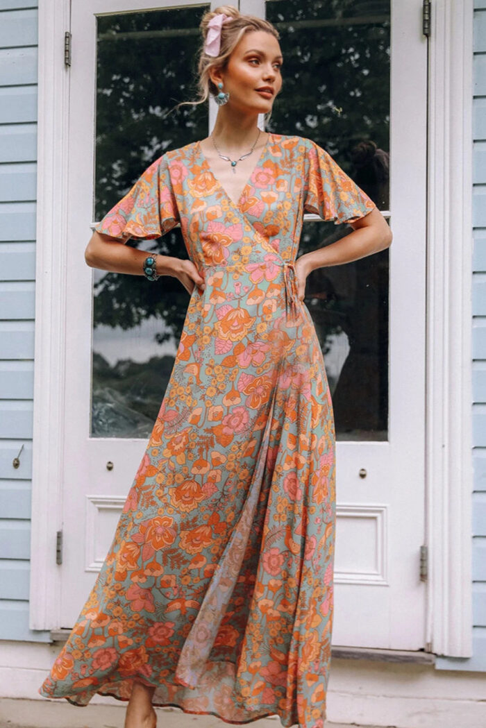 Robe Été Femme Fluide Imprimé Floral Orange Vêtement Féminin Tendance et Élégant-000