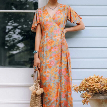 Robe Été Femme Fluide Imprimé Floral Orange Vêtement Féminin Tendance et Élégant