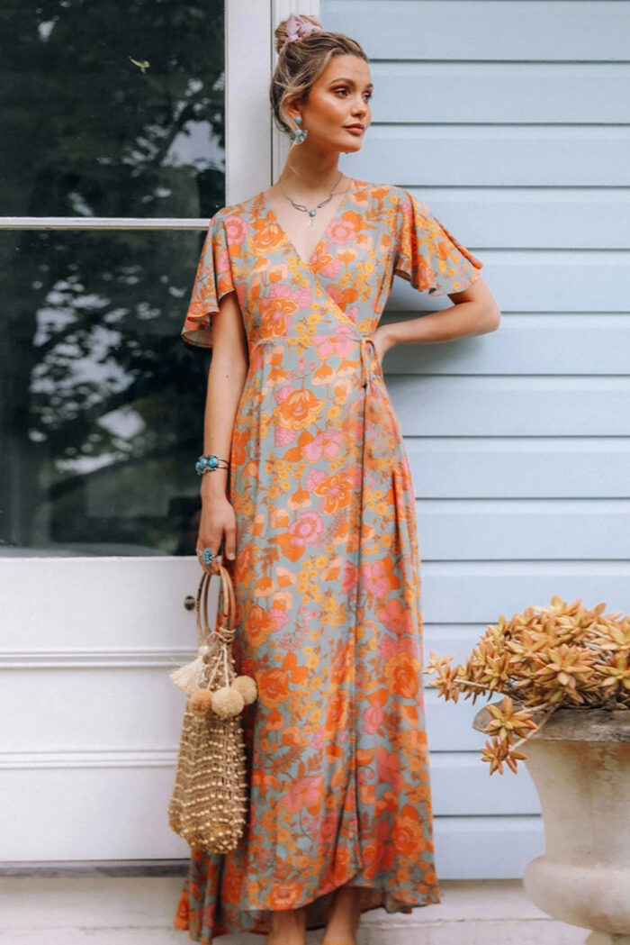 Robe Été Femme Fluide Imprimé Floral Orange Vêtement Féminin Tendance et Élégant