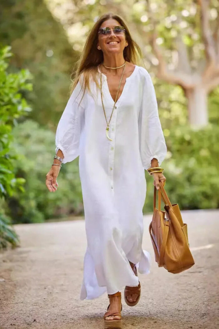 Robe Été Femme Longue Fluide Style Bohème Lin Couleur Claire