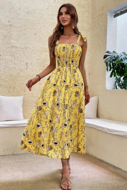 Robe Été Femme Motifs Floraux Jaunes Tendance Élégante et Confortable-0