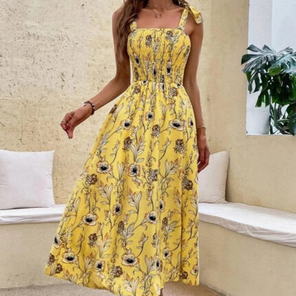 Robe Été Femme Motifs Floraux Jaunes Tendance Élégante et Confortable-0