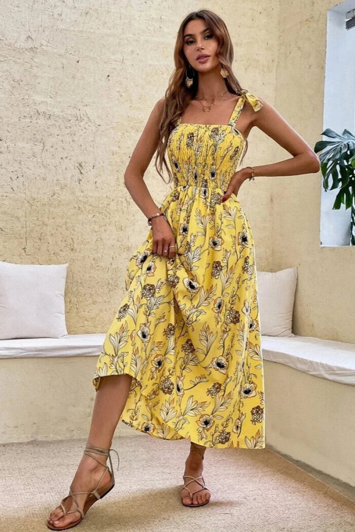 Robe Été Femme Motifs Floraux Jaunes Tendance Élégante et Confortable-00