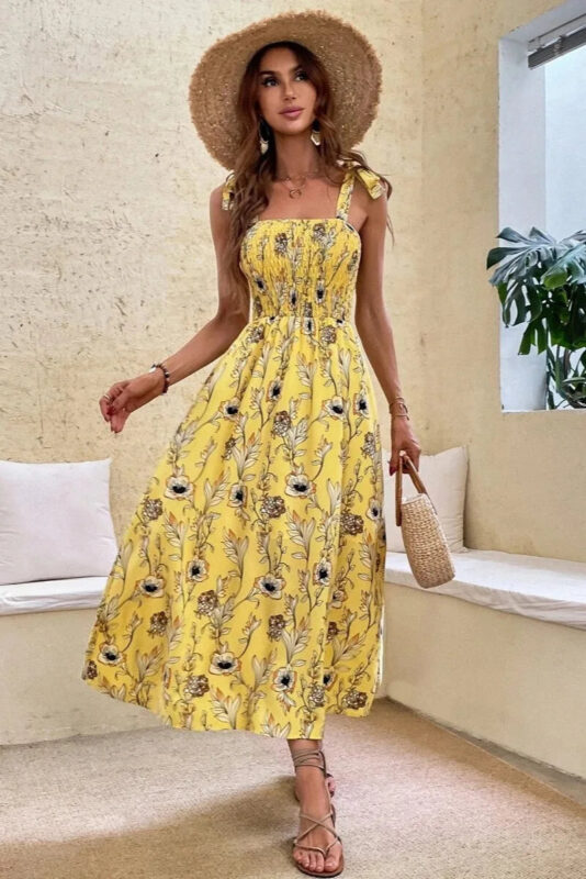 Robe Été Femme Motifs Floraux Jaunes Tendance Élégante et Confortable