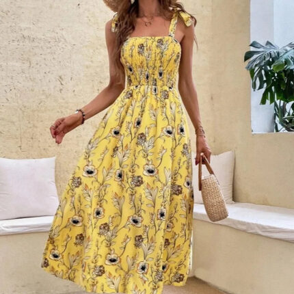 Robe Été Femme Motifs Floraux Jaunes Tendance Élégante et Confortable