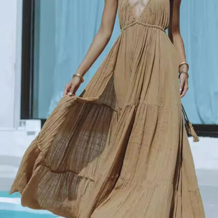 Robe Femme Élégante Couleur Caramel Tendance Coupe Moderne Idéale Pour Soirées et Cérémonies