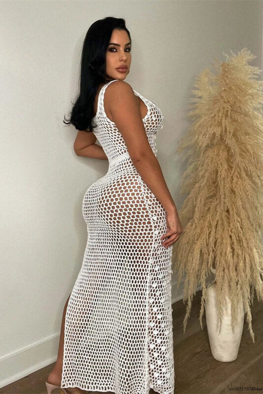 Robe Femme Élégante Crochet et Paillettes, Tenue de Soirée Festive-0