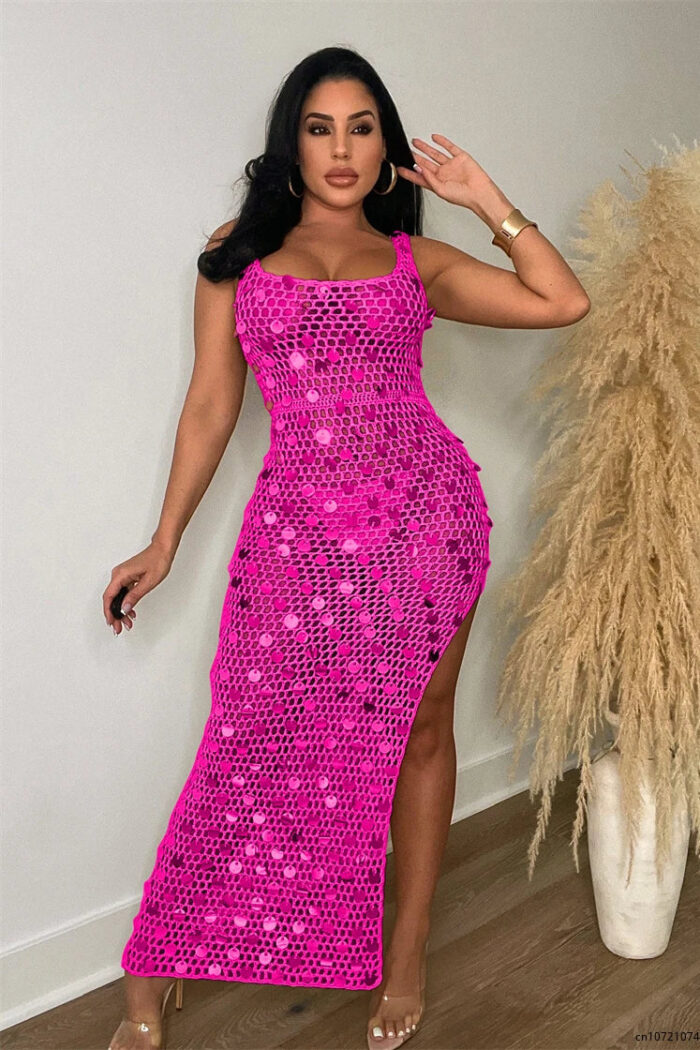 Robe Femme Élégante Crochet et Paillettes, Tenue de Soirée Festive-00