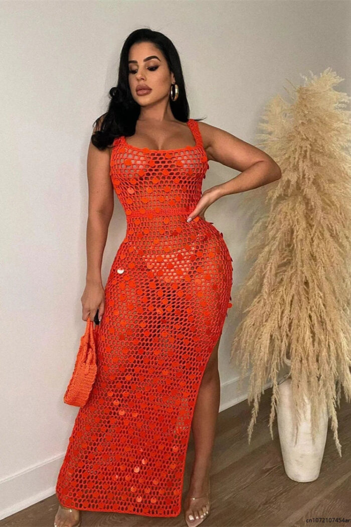 Robe Femme Élégante Crochet et Paillettes, Tenue de Soirée Festive-000