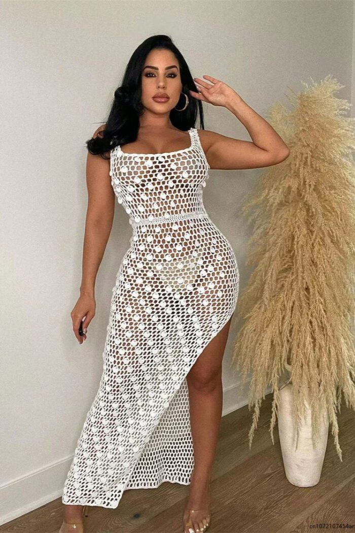 Robe Femme Élégante Crochet et Paillettes, Tenue de Soirée Festive