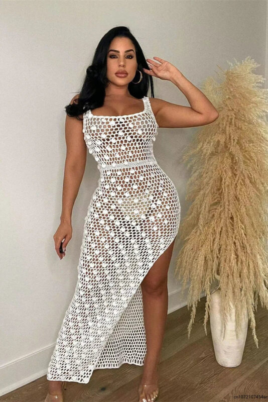 Robe Femme Élégante Crochet et Paillettes, Tenue de Soirée Festive