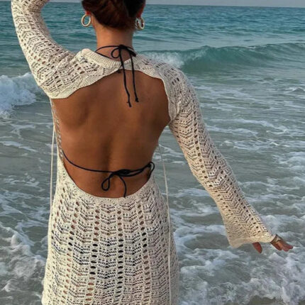 Robe Femme Élégante Découpe Dos Tendance Maille Fine pour Soirée & Cocktail-0