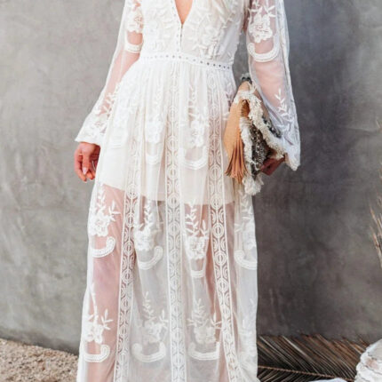 Robe Longue Femme Élégante Manches Longues Couleur Blanche pour Soirée-0