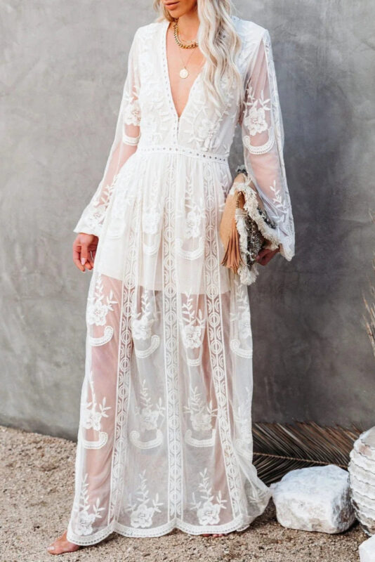 Robe Longue Femme Élégante Manches Longues Couleur Blanche pour Soirée-0