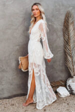 Robe Longue Femme Élégante Manches Longues Couleur Blanche pour Soirée-00