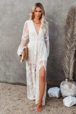 Robe Longue Femme Élégante Manches Longues Couleur Blanche pour Soirée