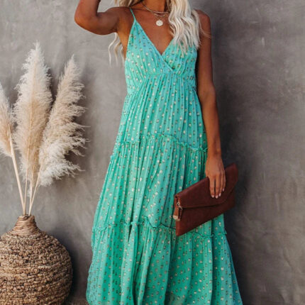 Robe Longue Fluide Vert Emeraude Style Bohème Chic Élégante Tendance Femme