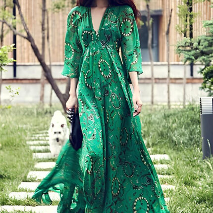 Robe Mi-Longue Fluide Manches 3/4 Femme Élégante Confortable Tendance